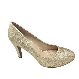 Gold Sparkly Round Toe Pump Padded 3.5" Heel NEW 7
